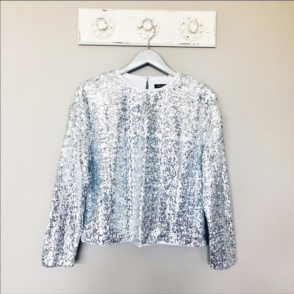 Something Navy All Over Silver Sequin Long Sleeve Blouse - Picture 1 of 7